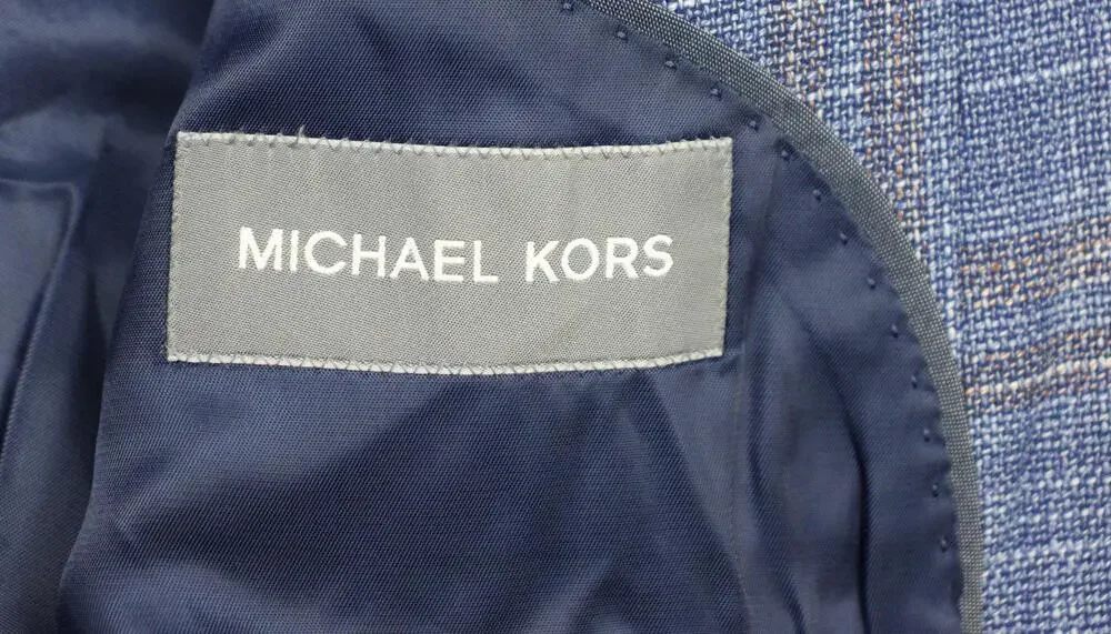 Michael Kors Sport Coat Mens 48 R Blue Rust Plaid Classic Fit Stretch Blazer